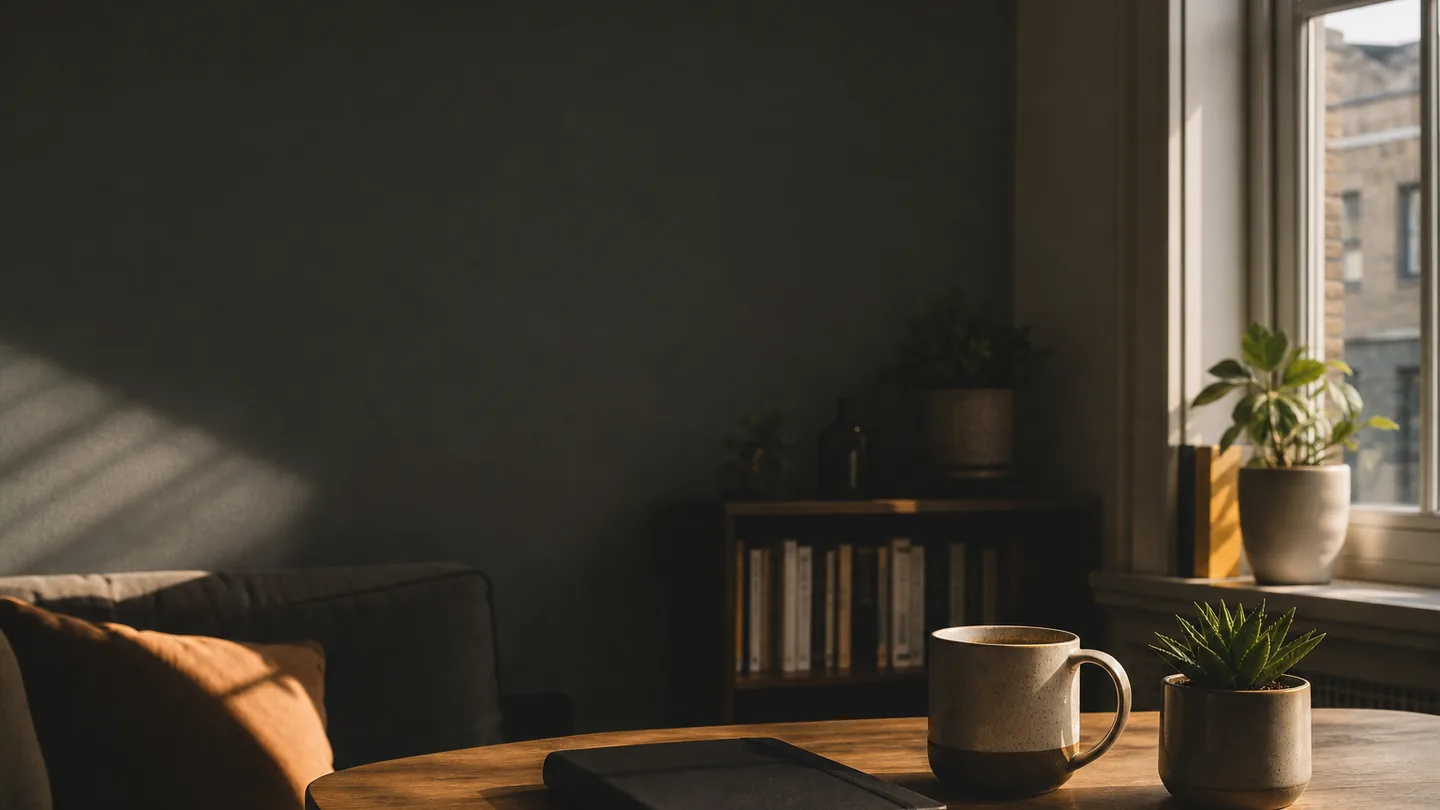 A calm morning space with a notebook, cup, and plants
